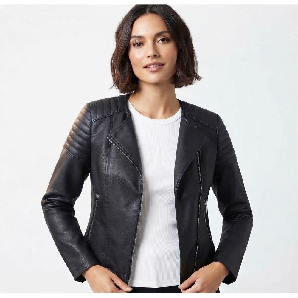 New York & Company Womens Black Faux Leather Moto Jacket Quilted Shoulder XS